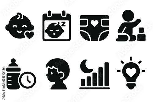 Parenting App Icons. Solid style icons of parenting and childcare apps: baby tracker, nap schedule, diaper log, growth milestone,