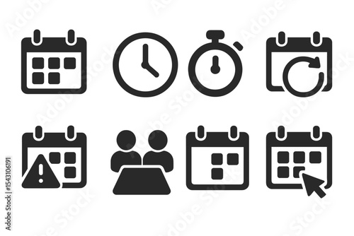 Time Icons Collection. Solid style icons of time and calendar: wall calendar, clock icon, timer icon, recurring event, deadline
