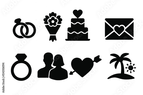 Wedding Romance Icons. Solid style icons of wedding and romance: wedding rings, bouquet icon, wedding cake, love letter,