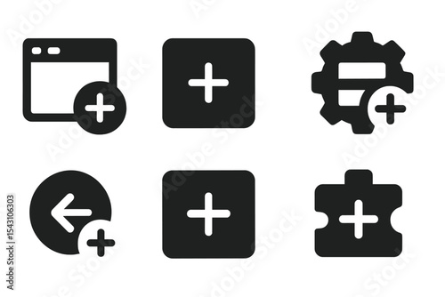 Solid Icons Collection. Solid style icons of dashboard and system add-ons: widget add icon, panel add icon, tile with plus,