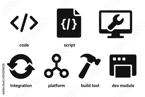 Digital Marketing Icons. Solid style icons of development in digital marketing: code block, script icon, wrench on screen, web