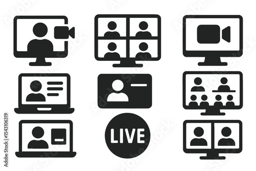 Remote Meeting Icons. Solid style icons of remote meetings: video call icon, virtual group, camera on screen, online conference,