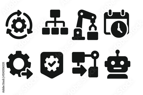 Automation Icons Collection. Solid style icons of automation in virtual workflows: gear process icon, automation flow, robotic