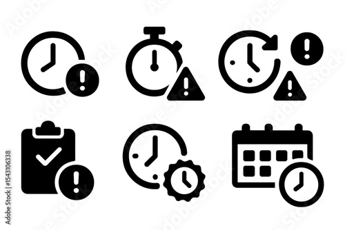 Remote Work Deadlines Icons. Solid style icons of deadlines in remote work: clock with exclamation, time limit icon, urgent