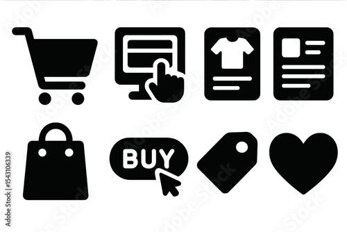 Remote Shopping Icons. Solid style icons of shopping in remote commerce: cart icon, online checkout, remote product tile, ecom