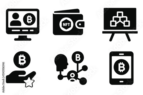 Crypto Education Icons. Solid style icons of crypto in digital education: crypto course icon, wallet badge, NFT certificate,