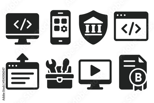 Online Learning Icons. Solid style icons of development in online learning: coding course icon, app development module, education