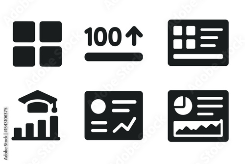Educational Dashboard Icons. Solid style icons of dashboards for students and teachers: tile panel, KPI metrics icon, progress bar