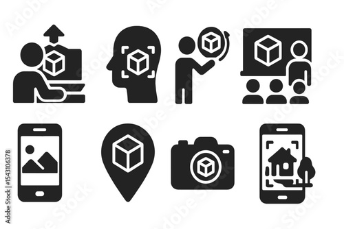 AR Learning Icons. Solid style icons of AR in learning: AR lesson icon, augmented overlay, interactive element, 3D object in class