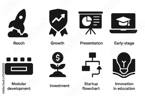 EdTech Startup Icons. Solid style icons of startup models in edtech: launch icon, growth badge, pitch deck icon, early-stage