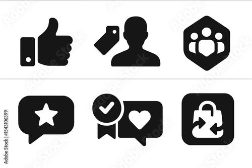 Social E-commerce Icons. Solid style icons of social e-commerce: like icon, share button, influencer tag, community badge, review