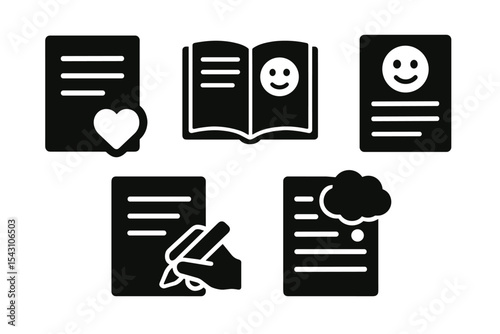 Journaling Tool Icons. Solid style icons of journaling tool: text entry with heart icon, reflection log icon, mood tracker journal