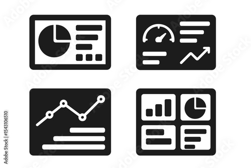 AI Dashboard Icons. Solid style icons of AI dashboards: dashboard layout, KPI panel, performance graph, widget tiles. Solid style