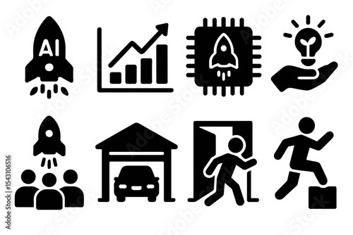 AI Startup Toolkit Icons. Solid style icons of AI startup tools: rocket AI, growth panel, startup chip, innovation seed. Solid
