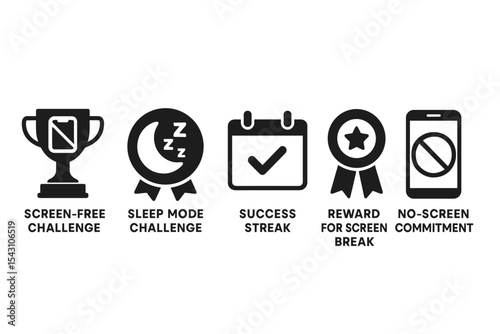Screen-Free Challenge Icons. Solid style icons of screen-free challenge: challenge trophy with phone icon, sleep mode challenge