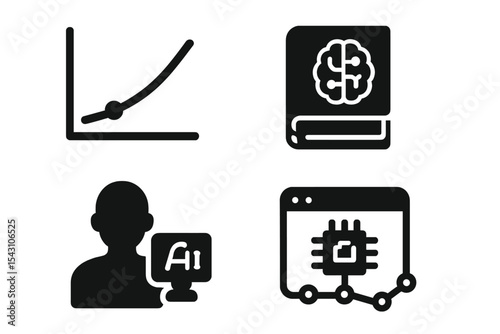 AI Learning Icons. Solid style icons of AI learning systems: learning curve, smart books, AI tutor, training set. Solid style of