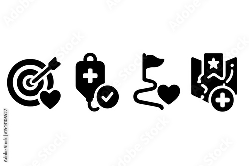 Healthcare Goal Icons. Solid style icons of healthcare goals: wellness target, treatment milestone, recovery flag, health