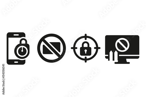 Distraction Blocker Icons. Solid style icons of distraction blocker: app timer lock icon, do not open badge, focus ring with