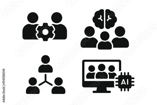 AI Collaboration Icons. Solid style icons of AI teams: collaboration gear, shared brain, team node, virtual crew. Solid style of