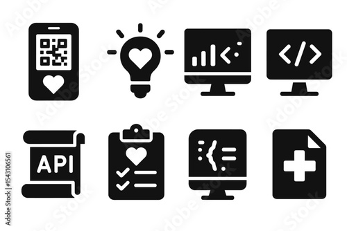 Health Tech Icons. Solid style icons of health development: health code, smart feature, backend dashboard, dev setup. Solid style