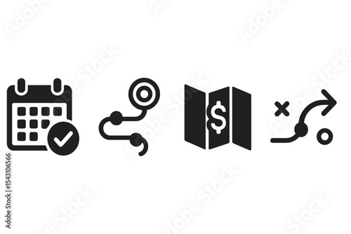 Financial Planning Icons. Solid style icons of financial planning: calendar plan, goal route, finance map, strategy timeline.