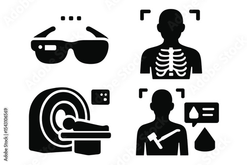 AR Healthcare Icons. Solid style icons of AR in healthcare: AR glasses, anatomy overlay, medical scanner, augmented tools. Solid