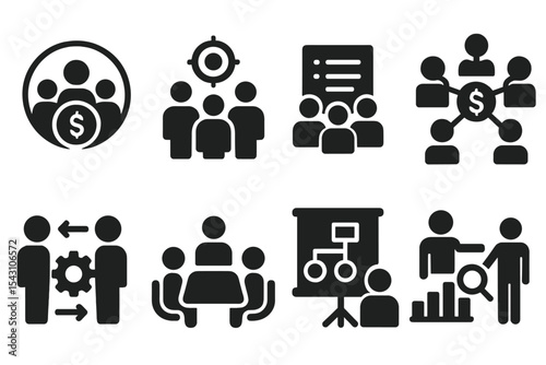Finance Team Icons. Solid style icons of finance teams: finance team circle, shared goal, group plan, collaboration chart. Solid