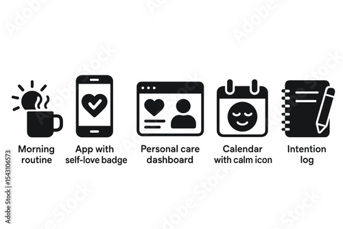 Self-Care Icon Set. Solid style icons of self-care planner: morning routine icon, app with self-love badge, personal care