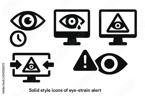 Eye Strain Icons. Solid style icons of eye strain alert: eye with hour counter, strained eye on screen, monitor with caution eye,