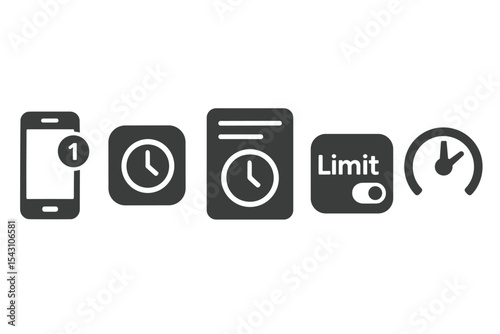 App Limit Icons. Solid style icons of app limit settings: smartphone with limit badge, app icon with clock symbol, time