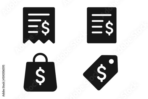 Expense Management Icons. Solid style icons of expense management: receipt sheet, expense line, shopping spend, bill icon. Solid