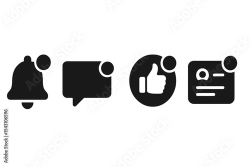 Social Media Icons. Solid style icons of social media notifications: alert bell, message popup, reaction badge, reminder icon.