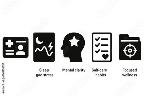 Wellness Icons Overview. Solid style icons of wellness report: digital health card icon, sleep and stress graph, mental clarity
