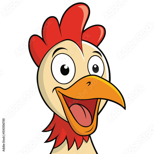 Cheerful cartoon chicken head with a wide open mouth is looking forward joyfully