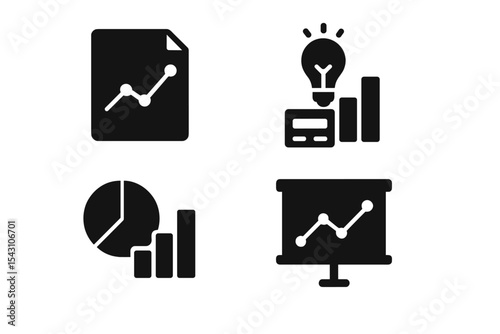 Business Analytics Icons. Solid style icons of business analytics: report graph, data insight, pie chart, performance panel. Solid