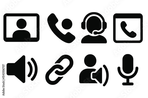 Business Call Icons. Solid style icons of business calls: video call icon, voice contact, headset profile, call window. Solid