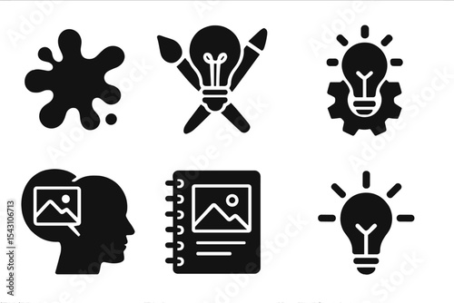 Creative Process Icons. Solid style icons of creative process: paint splash, idea tools, concept art, innovation light. Solid