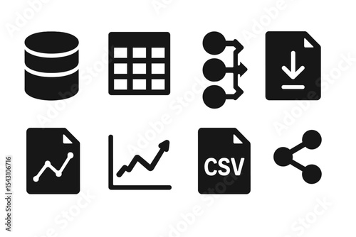 Solid Business Data Icons. Solid style icons of business data: dataset icon, table grid, data flow, export sheet. Solid style of