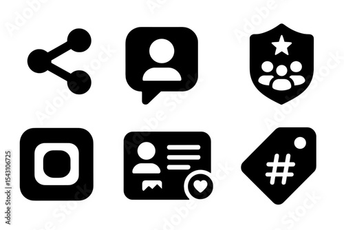 Social Media Icons. Solid style icons of social branding: share icon, brand story, media post, community badge. Solid style of