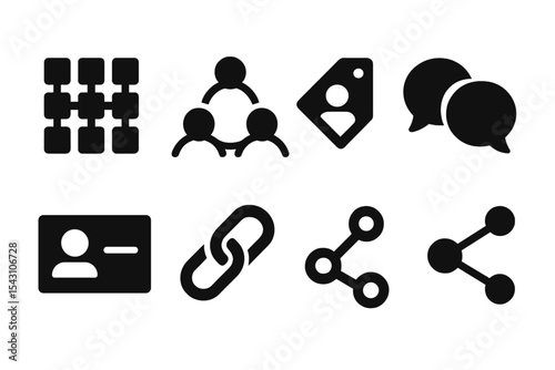 Freelance Networking Icons. Solid style icons of freelance networking: contact grid, social hub, peer tag, message connect. Solid