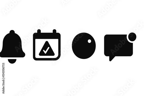 Notification Icon Set. Solid style icons of notifications: bell icon, task alert, update dot, message popup. Solid style of ping