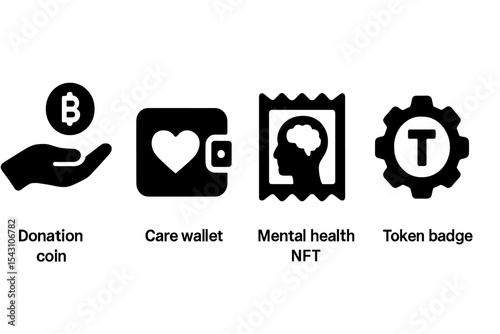 Crypto Wellness Icons. Solid style icons of crypto tools in wellness: donation coin, care wallet, mental health NFT, token badge.