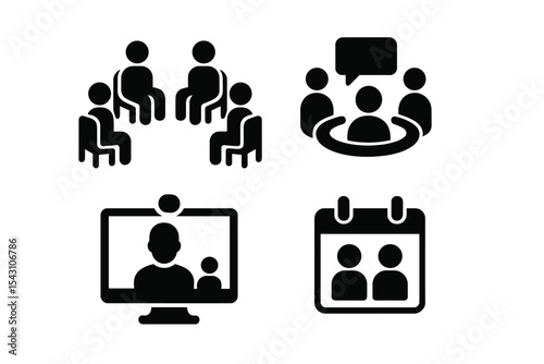 Therapy Session Icons. Solid style icons of meetings in therapy: session circle, talk group, video consult, calendar meet. Solid