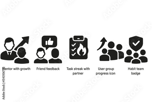 Accountability Partner Icons. Solid style icons of accountability partner: mentor with growth arrow, friend feedback icon, task