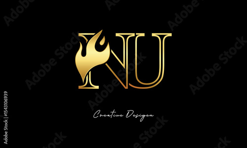 NU Flame Logo – Elegant Gold Monogram Letter mark with Fire Symbol for Luxury Branding, Energy Identity & Creative Logo Design