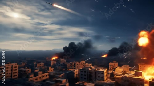 Aerial view of explosions and fires in desolate urban landscape at night