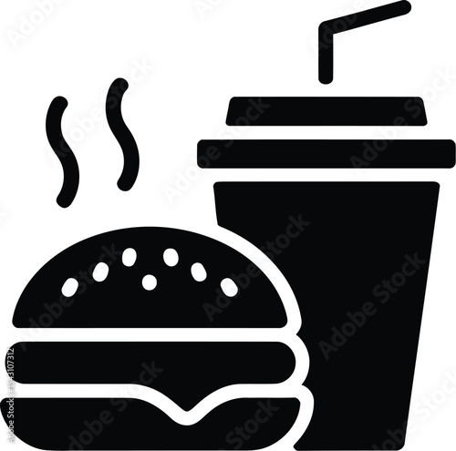 A black icon of a burger with steam and a drink with a straw next to it