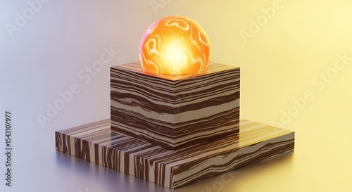 Illuminated Sphere on Wooden Cube Abstract 3D Render of Light and Form
