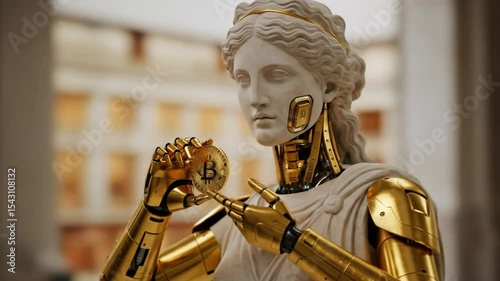greek statue with futuristic golden robot armor holding a bitcoin