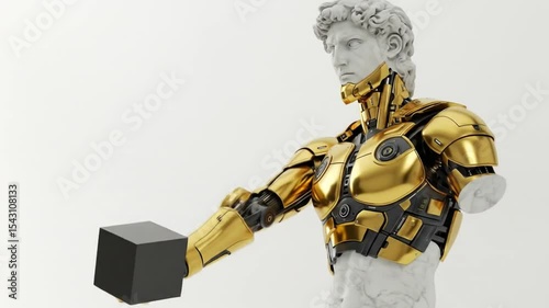 greek statue wearing a golden robot armor holding a black cube representig unknown futuristic technology on white background